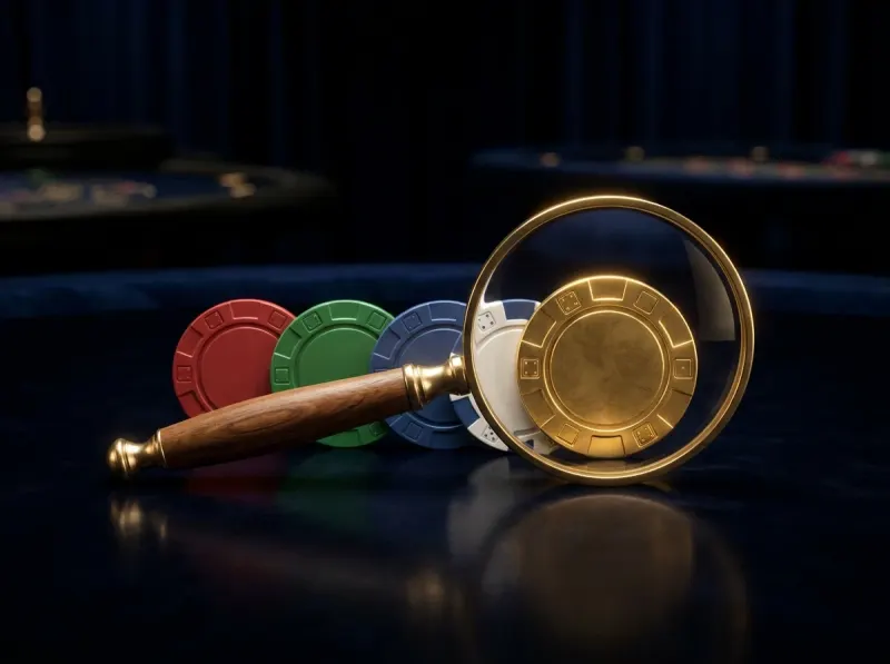 Lupa sobre cinco fichas de casino: cada operador del ranking se revisa con los mismos cinco criterios