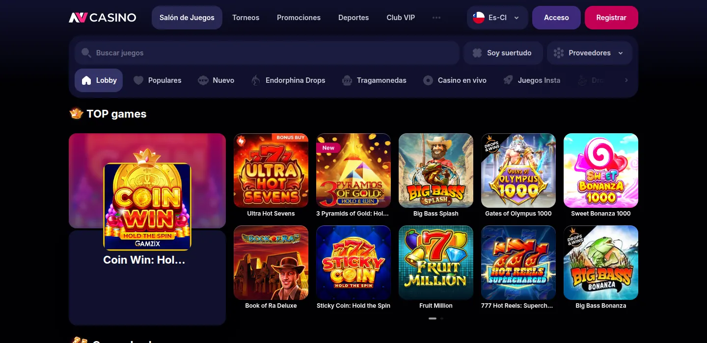 Lobby de NVCasino con tragaperras, casino en vivo y filtro por proveedor (captura de pantalla)