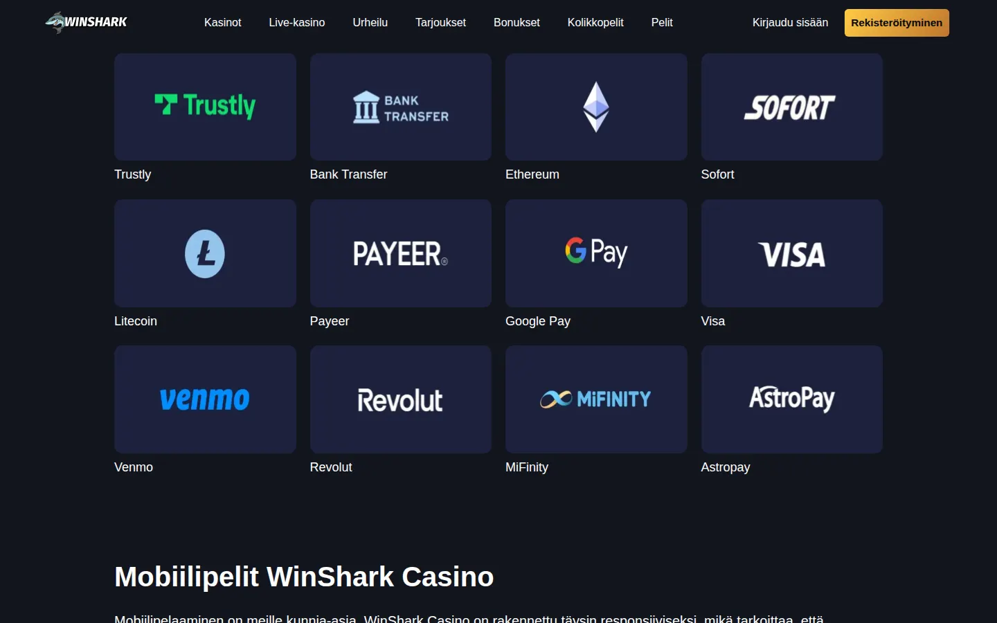 Métodos de pago de Winshark: Trustly, Visa, Skrill, Revolut y criptomonedas (captura de pantalla)